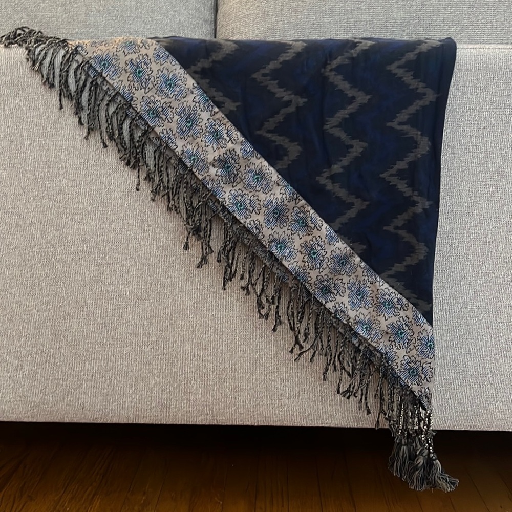 Vintage Cotton and Silk 36” Square Scarf Ikat Chevron Floral Fringe